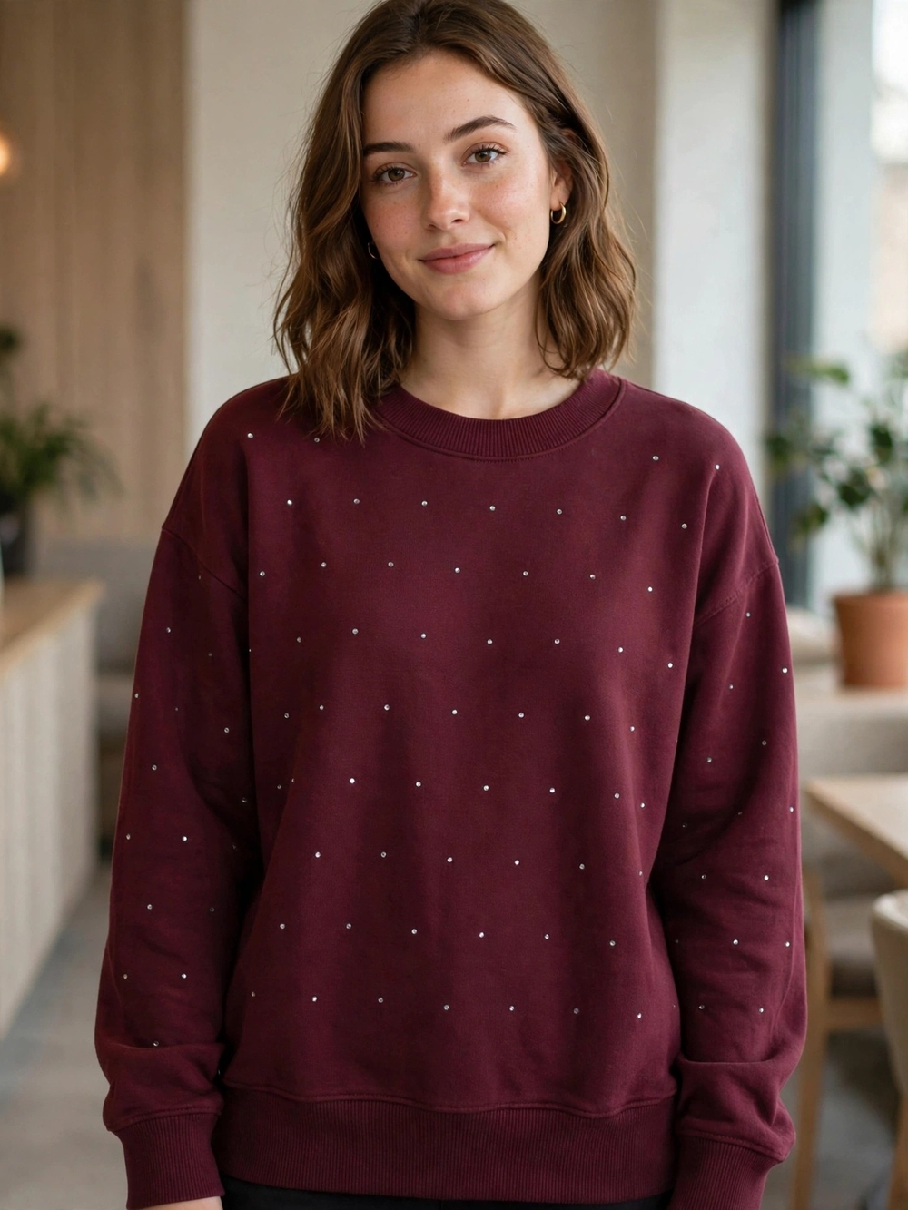 Maroon Embellished Crewneck Sweatshirt for Women